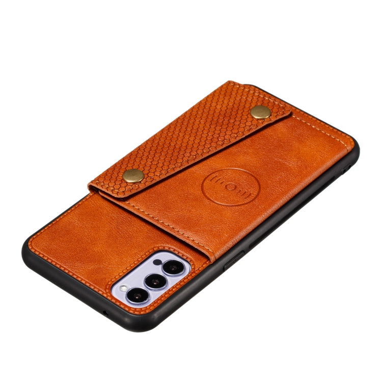 For OPPO Reno4 Pro 5G Double Buckle PU + TPU Shockproof Magnetic Protective Case with Card Slot & Holder