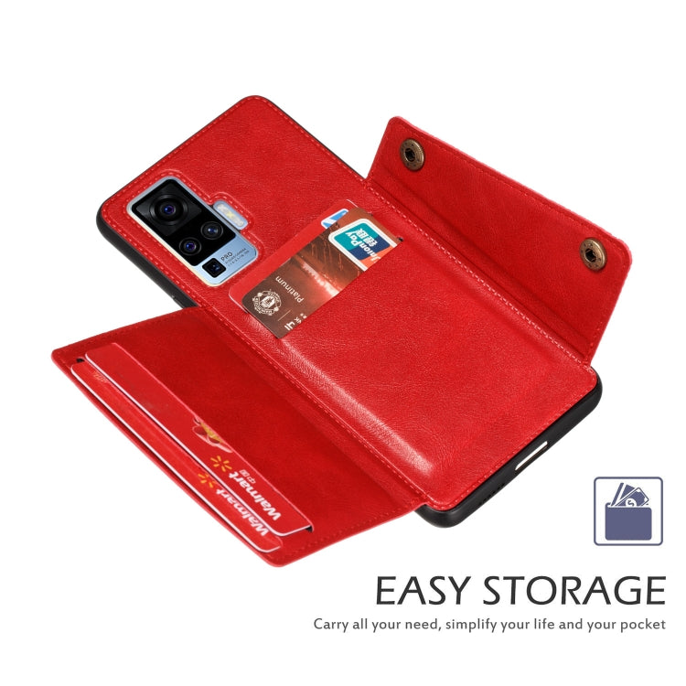 For Vivo X50 Pro Double Buckle PU + TPU Shockproof Magnetic Protective Case with Card Slot & Holder