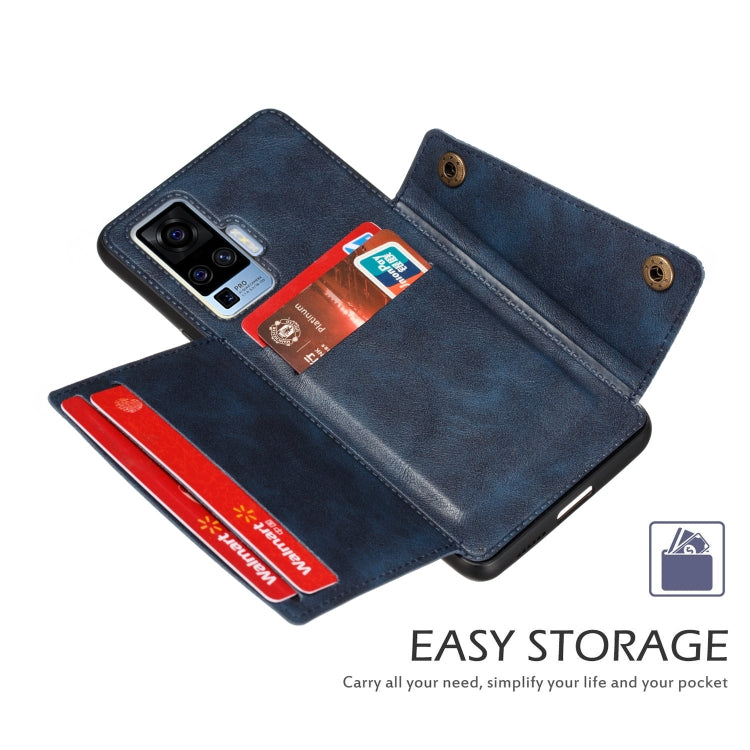 For Vivo X50 Pro Double Buckle PU + TPU Shockproof Magnetic Protective Case with Card Slot & Holder