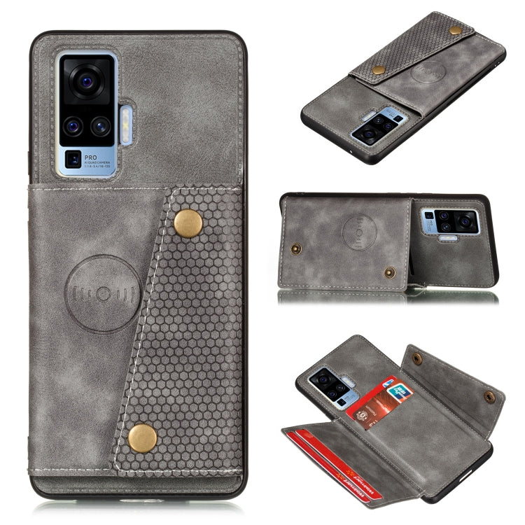 For Vivo X50 Pro Double Buckle PU + TPU Shockproof Magnetic Protective Case with Card Slot & Holder