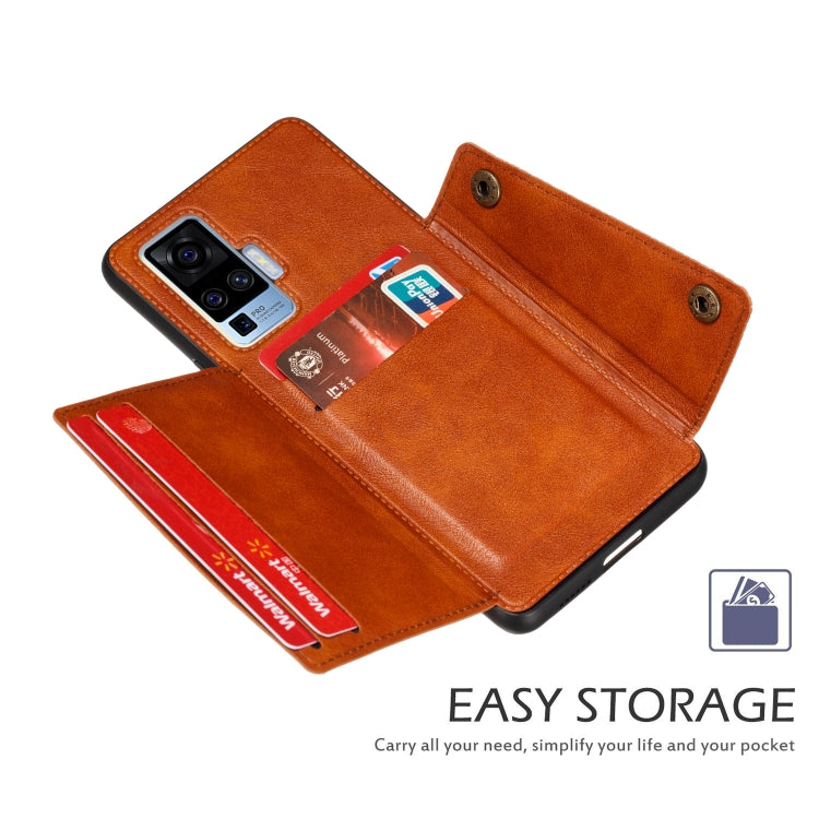 For Vivo X50 Pro Double Buckle PU + TPU Shockproof Magnetic Protective Case with Card Slot & Holder