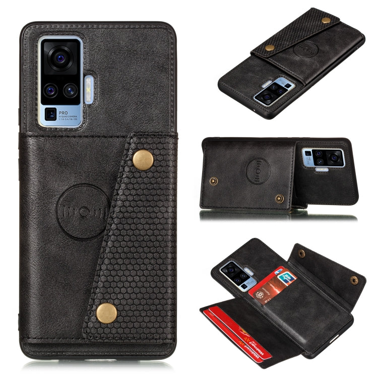 For Vivo X50 Pro Double Buckle PU + TPU Shockproof Magnetic Protective Case with Card Slot & Holder