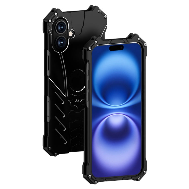 For iPhone 16 R-JUST Batman Hollow Metal Phone Protective Case - Black