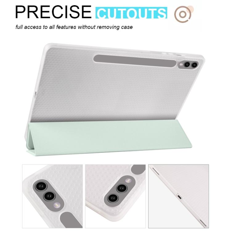 For Samsung Galaxy Tab S10 FE / S9 3-folding Transparent TPU Smart Leather Tablet Case with Pen Slot