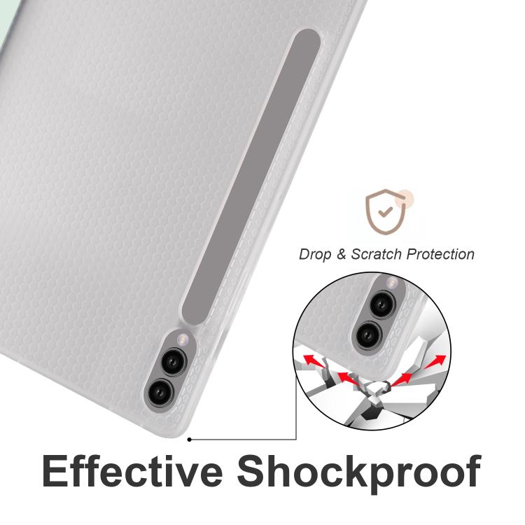 For Samsung Galaxy Tab S10 FE / S9 3-folding Transparent TPU Smart Leather Tablet Case with Pen Slot