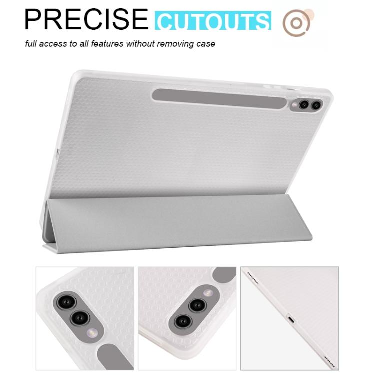 For Samsung Galaxy Tab S10 FE / S9 3-folding Transparent TPU Smart Leather Tablet Case with Pen Slot
