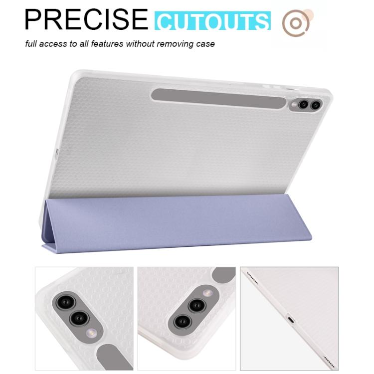 For Samsung Galaxy Tab S10 FE / S9 3-folding Transparent TPU Smart Leather Tablet Case with Pen Slot