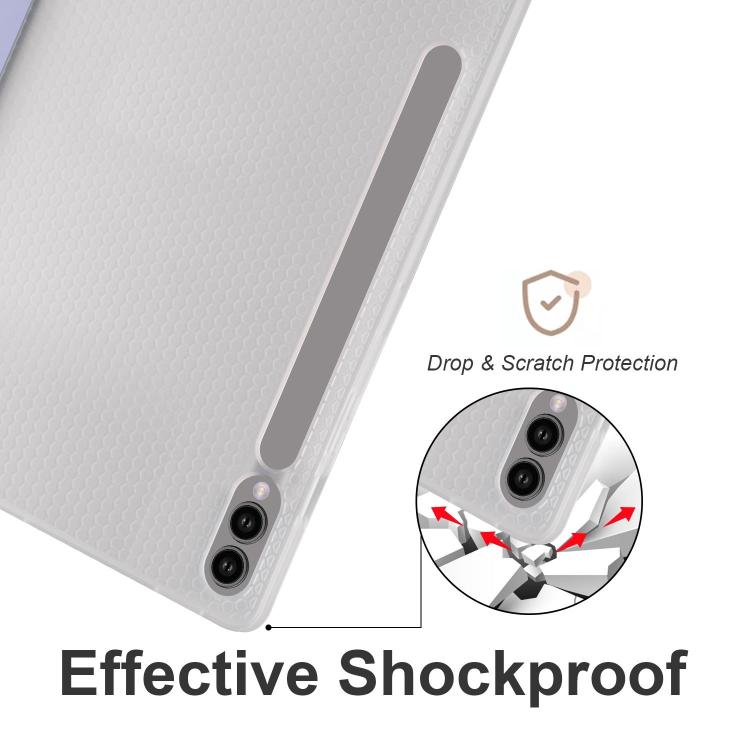 For Samsung Galaxy Tab S11 3-folding Transparent TPU Smart Leather Tablet Case with Pen Slot
