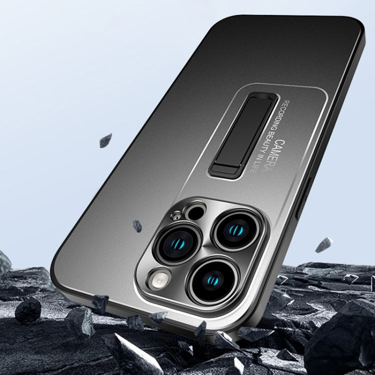 For iPhone 16 Frosted Metal Hybrid TPU Holder Phone Case