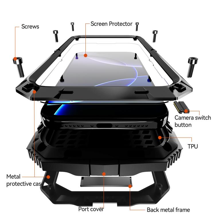 For iPhone 17 Pro Max R-JUST Metal + Silicone + Tempered Glass Life Waterproof Phone Case with Holder