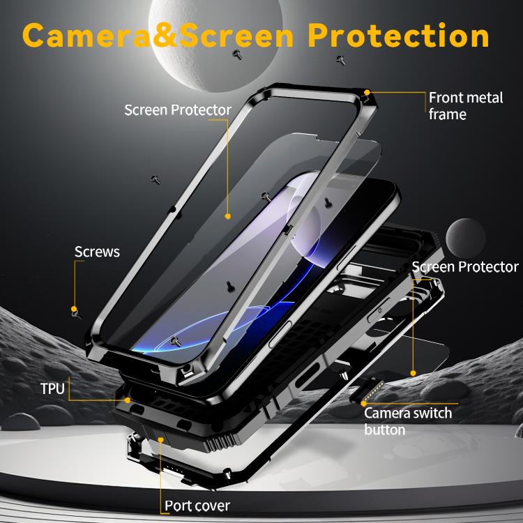 For iPhone 17 Pro Max R-JUST Metal + Silicone + Tempered Glass Life Waterproof Phone Case with Holder