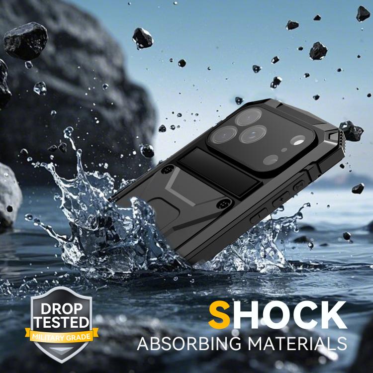 For iPhone 17 Pro Max R-JUST Metal + Silicone + Tempered Glass Life Waterproof Phone Case with Holder