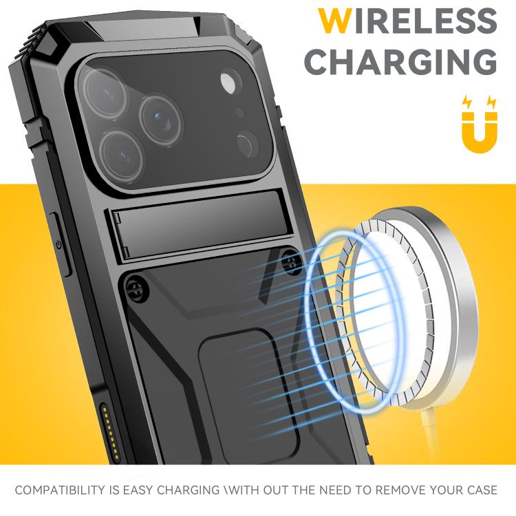 For iPhone 17 Pro Max R-JUST Metal + Silicone + Tempered Glass Life Waterproof Phone Case with Holder