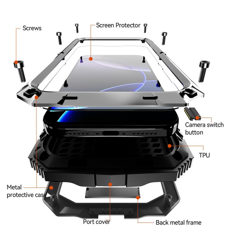 For iPhone 17 Pro Max R-JUST Metal + Silicone + Tempered Glass Life Waterproof Phone Case with Holder