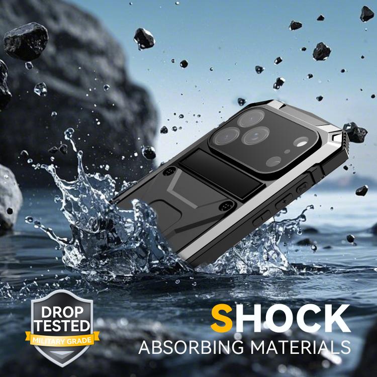 For iPhone 17 Pro Max R-JUST Metal + Silicone + Tempered Glass Life Waterproof Phone Case with Holder