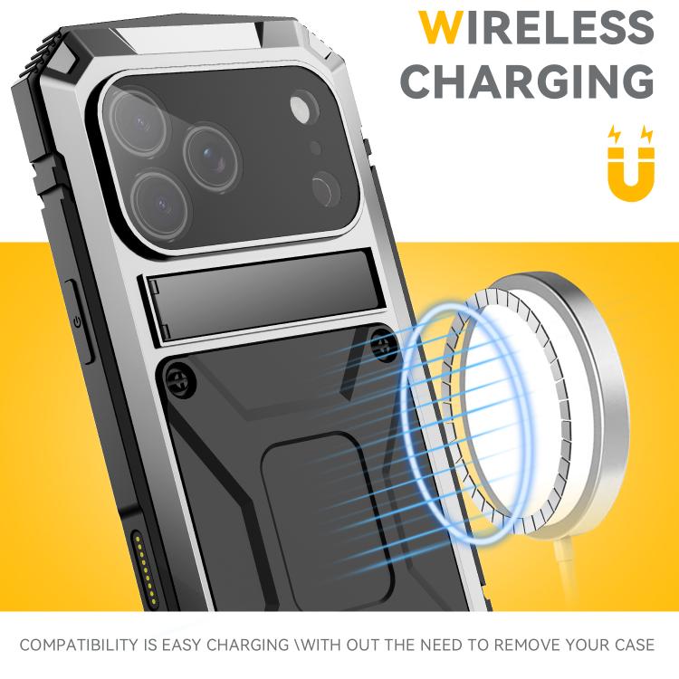 For iPhone 17 Pro Max R-JUST Metal + Silicone + Tempered Glass Life Waterproof Phone Case with Holder
