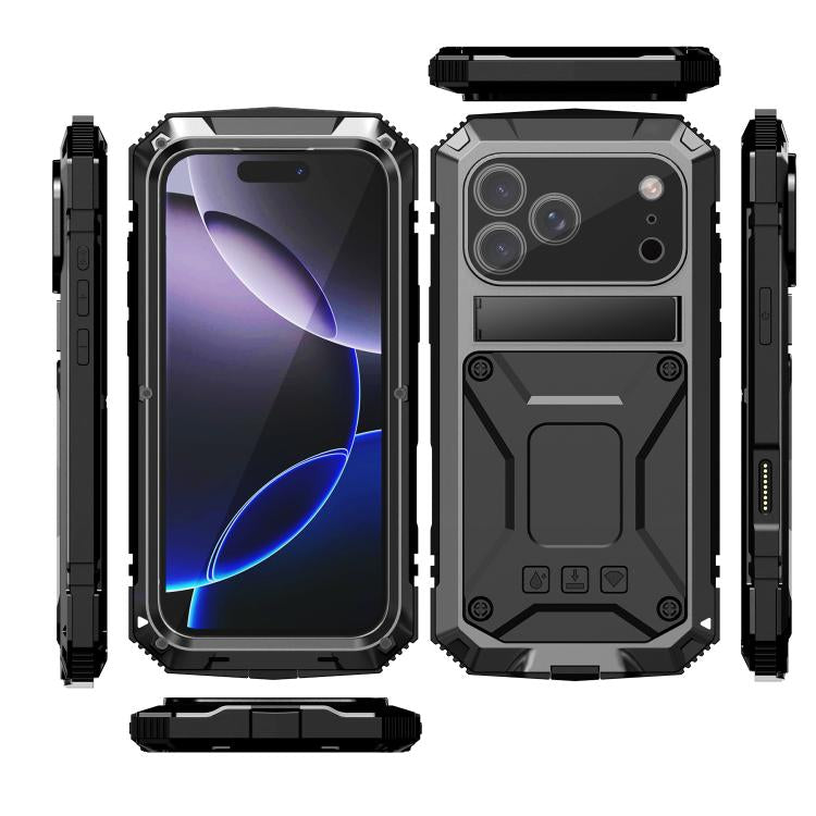 For iPhone 17 Pro R-JUST Metal + Silicone + Tempered Glass Life Waterproof Phone Case with Holder