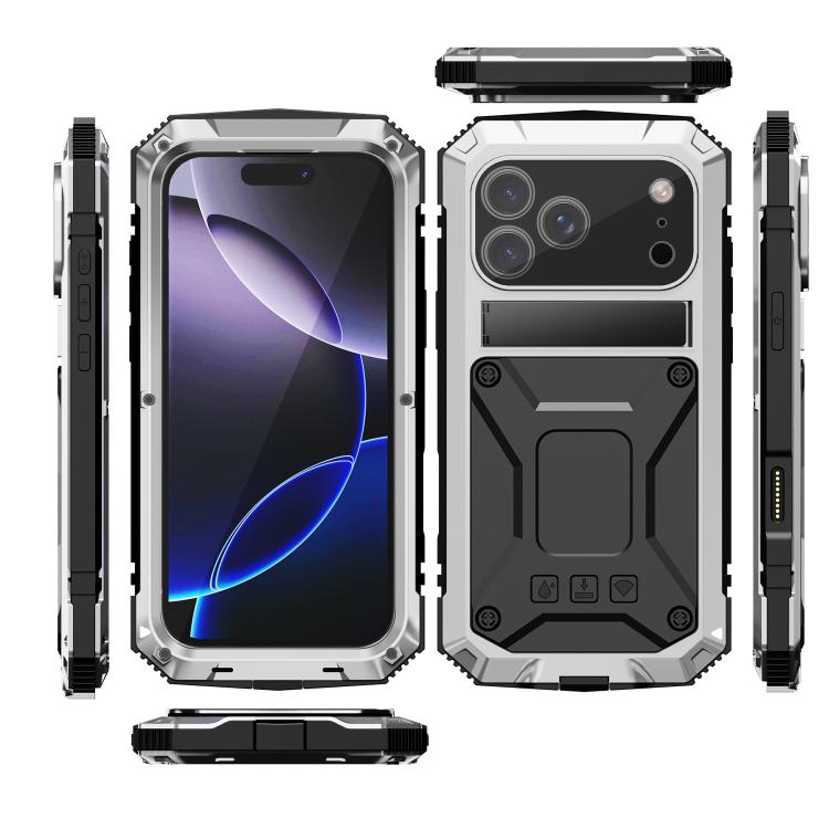 For iPhone 17 Pro R-JUST Metal + Silicone + Tempered Glass Life Waterproof Phone Case with Holder