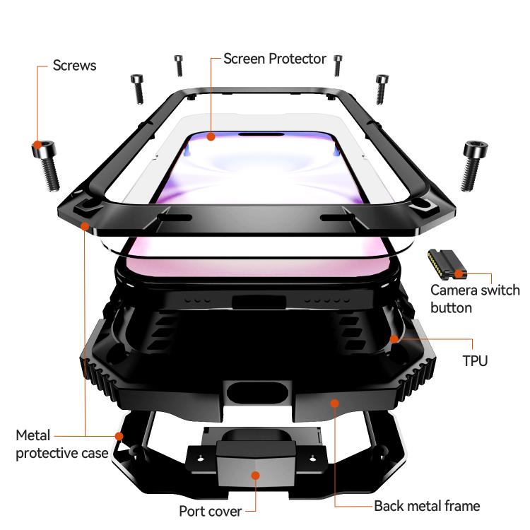 For iPhone 17 R-JUST Metal + Silicone + Tempered Glass Life Waterproof Phone Case with Holder