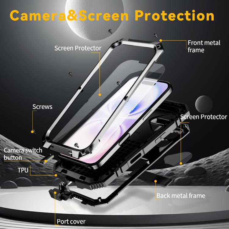For iPhone 17 R-JUST Metal + Silicone + Tempered Glass Life Waterproof Phone Case with Holder