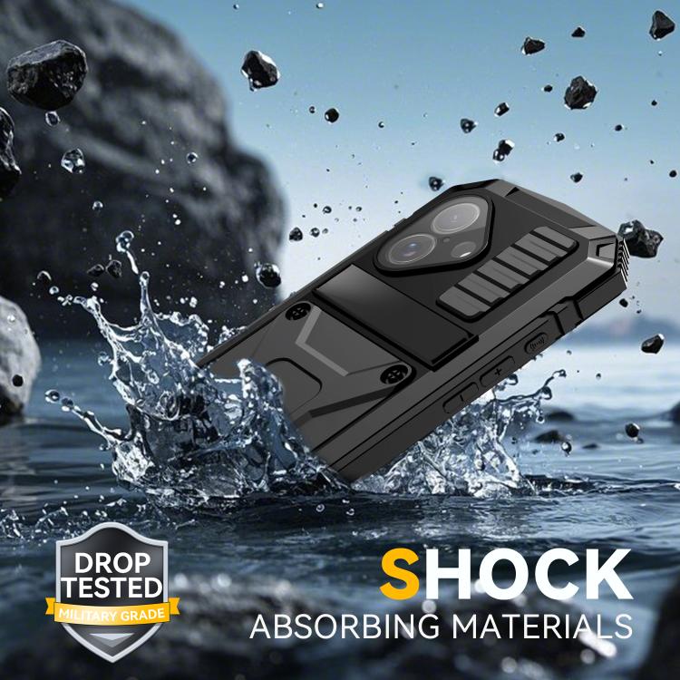 For iPhone 17 R-JUST Metal + Silicone + Tempered Glass Life Waterproof Phone Case with Holder