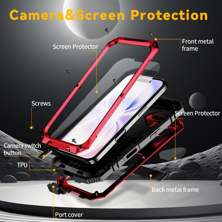 For iPhone 17 R-JUST Metal + Silicone + Tempered Glass Life Waterproof Phone Case with Holder