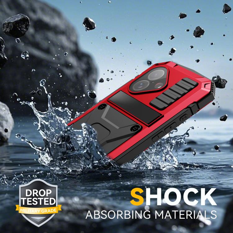 For iPhone 17 R-JUST Metal + Silicone + Tempered Glass Life Waterproof Phone Case with Holder