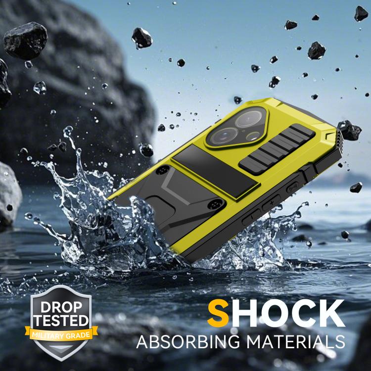 For iPhone 17 R-JUST Metal + Silicone + Tempered Glass Life Waterproof Phone Case with Holder