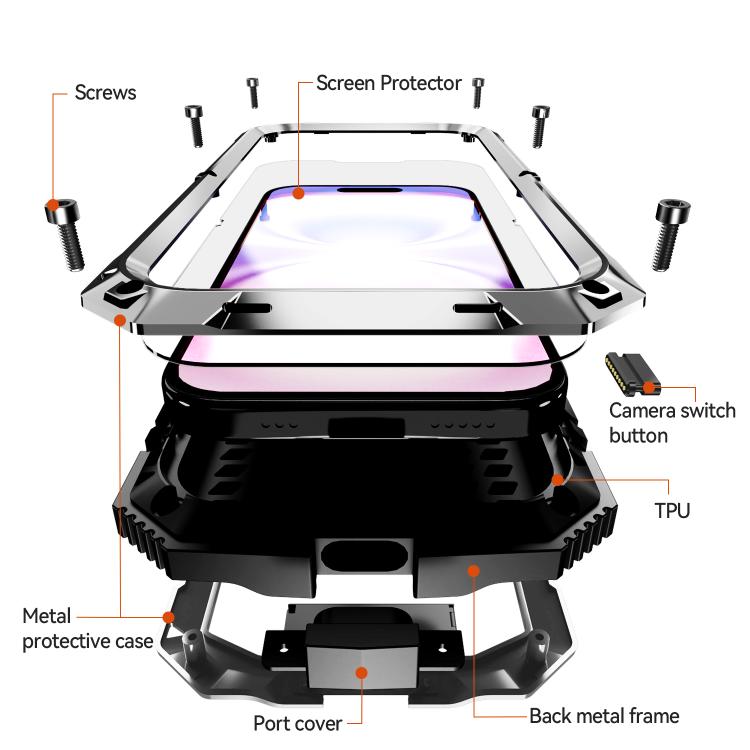 For iPhone 17 R-JUST Metal + Silicone + Tempered Glass Life Waterproof Phone Case with Holder