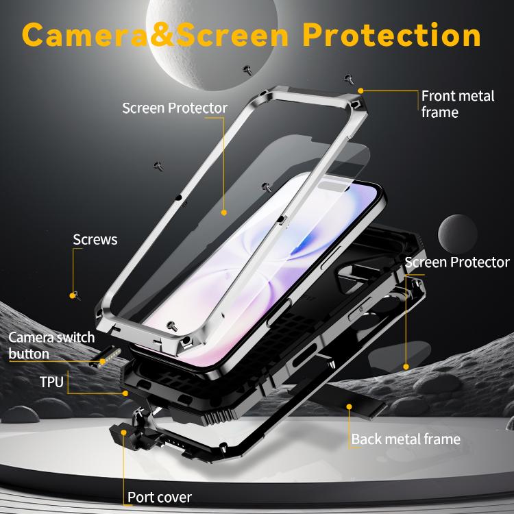 For iPhone 17 R-JUST Metal + Silicone + Tempered Glass Life Waterproof Phone Case with Holder