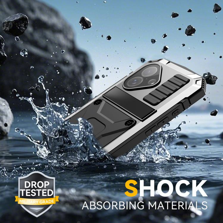 For iPhone 17 R-JUST Metal + Silicone + Tempered Glass Life Waterproof Phone Case with Holder