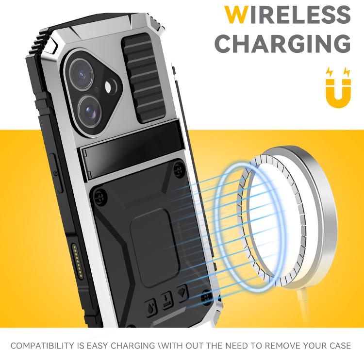 For iPhone 17 R-JUST Metal + Silicone + Tempered Glass Life Waterproof Phone Case with Holder