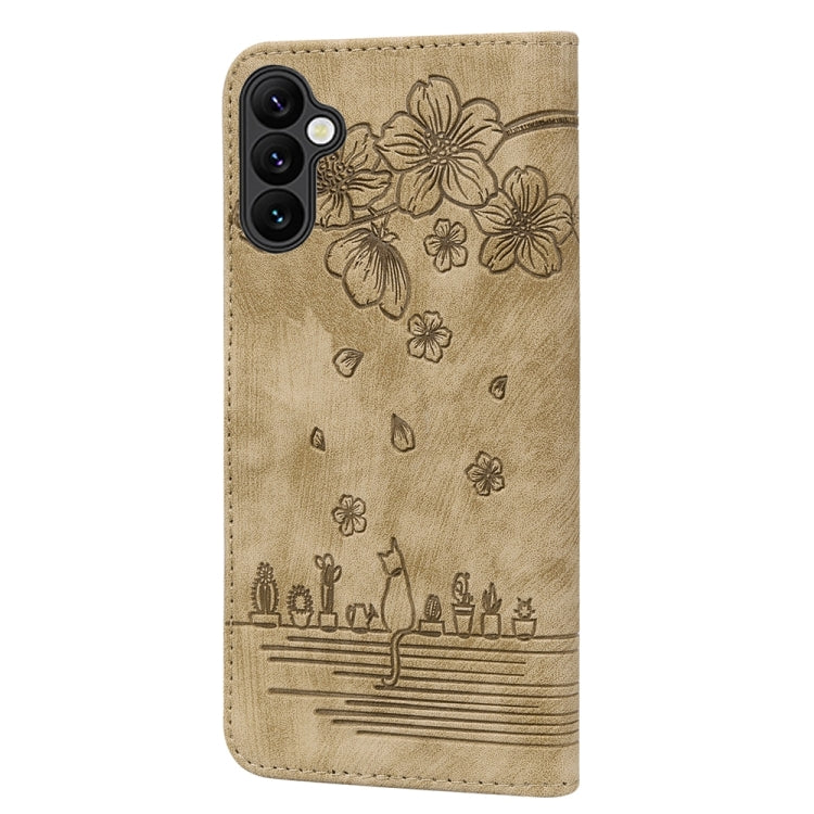 For Samsung Galaxy A05s Cartoon Sakura Cat Embossed Leather Phone Case