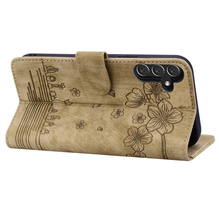 For Samsung Galaxy A05s Cartoon Sakura Cat Embossed Leather Phone Case