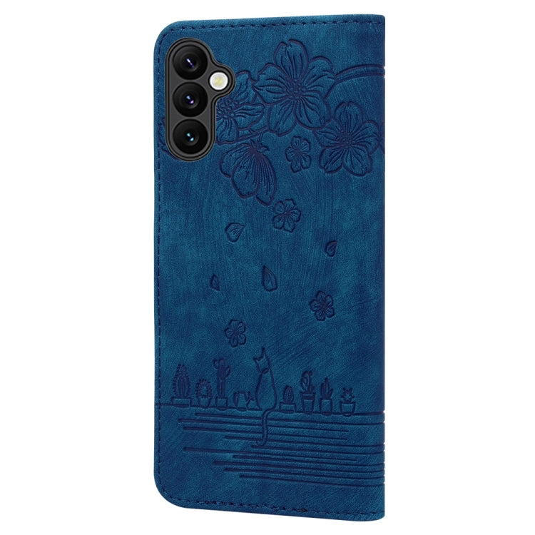 For Samsung Galaxy A05s Cartoon Sakura Cat Embossed Leather Phone Case
