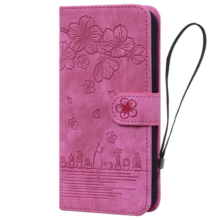 For Samsung Galaxy A05s Cartoon Sakura Cat Embossed Leather Phone Case