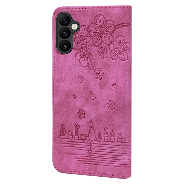 For Samsung Galaxy A05s Cartoon Sakura Cat Embossed Leather Phone Case
