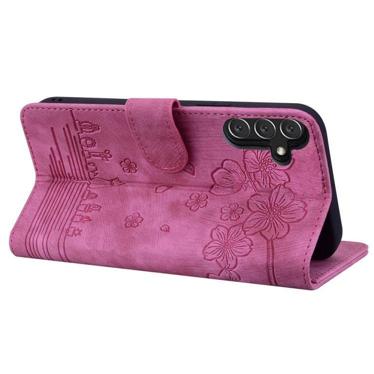 For Samsung Galaxy A05s Cartoon Sakura Cat Embossed Leather Phone Case