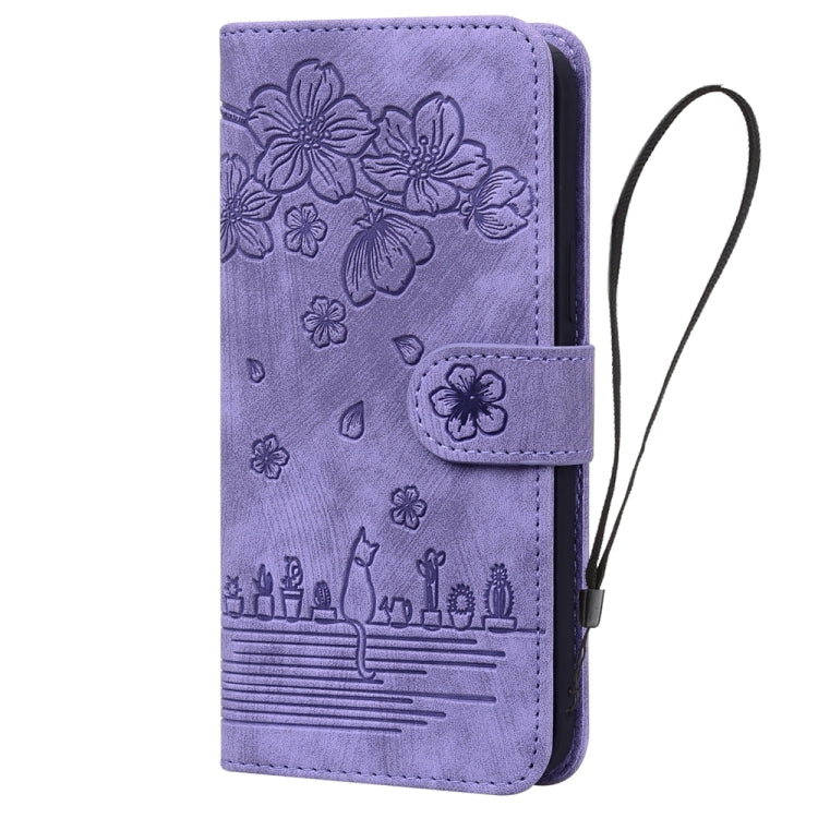 For Samsung Galaxy A05s Cartoon Sakura Cat Embossed Leather Phone Case