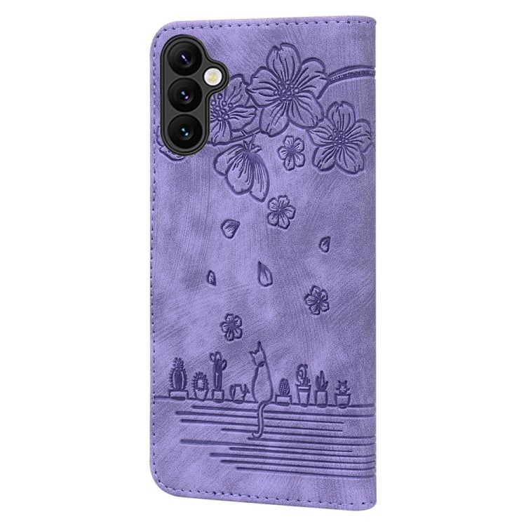 For Samsung Galaxy A05s Cartoon Sakura Cat Embossed Leather Phone Case