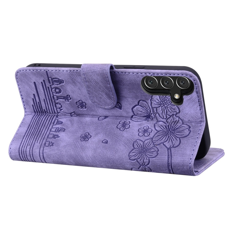 For Samsung Galaxy A05s Cartoon Sakura Cat Embossed Leather Phone Case