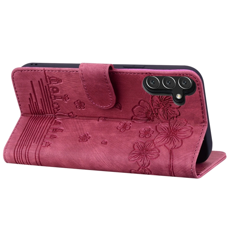 For Samsung Galaxy A05s Cartoon Sakura Cat Embossed Leather Phone Case