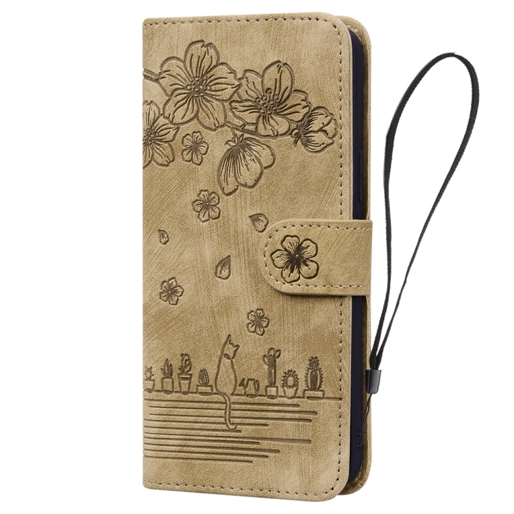 For Samsung Galaxy A05 Cartoon Sakura Cat Embossed Leather Phone Case