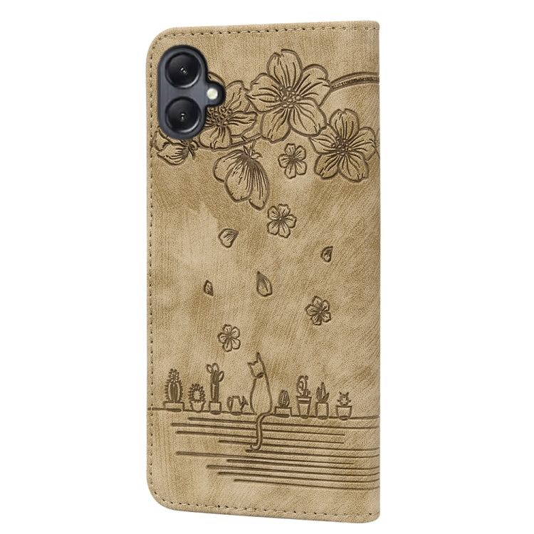 For Samsung Galaxy A05 Cartoon Sakura Cat Embossed Leather Phone Case