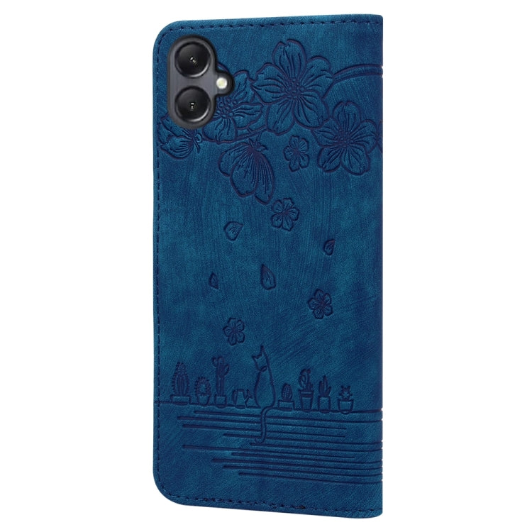 For Samsung Galaxy A05 Cartoon Sakura Cat Embossed Leather Phone Case
