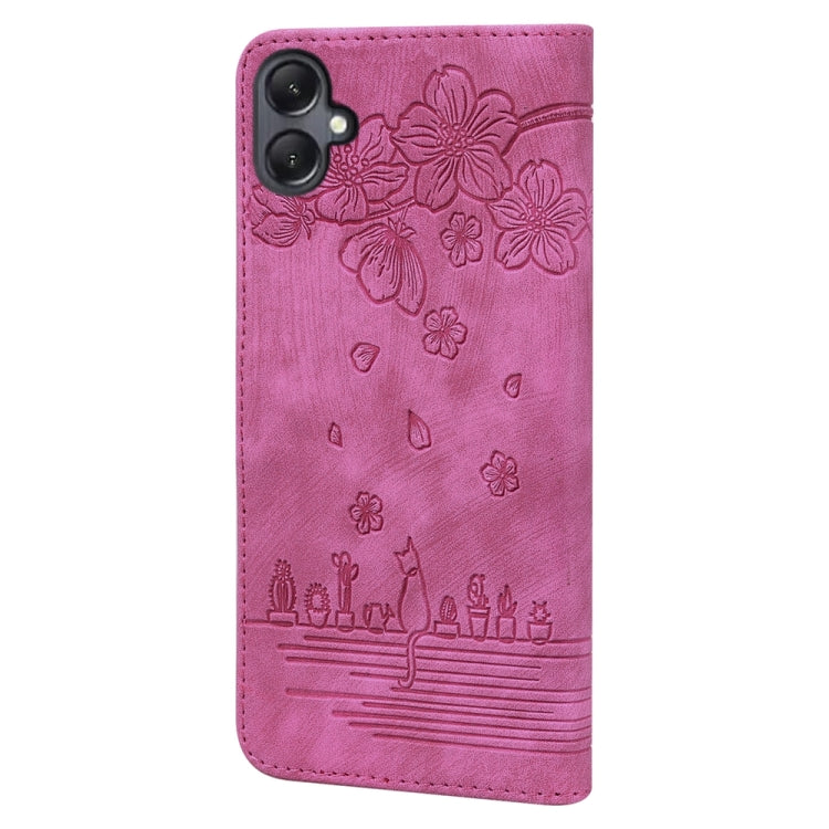 For Samsung Galaxy A05 Cartoon Sakura Cat Embossed Leather Phone Case