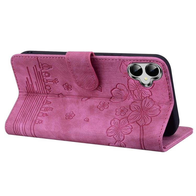 For Samsung Galaxy A05 Cartoon Sakura Cat Embossed Leather Phone Case