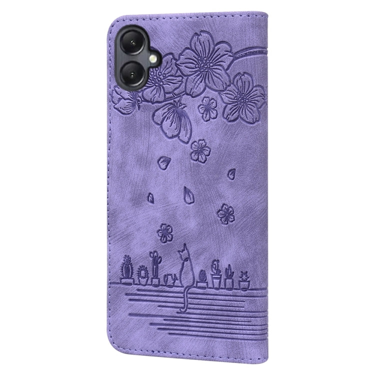 For Samsung Galaxy A05 Cartoon Sakura Cat Embossed Leather Phone Case