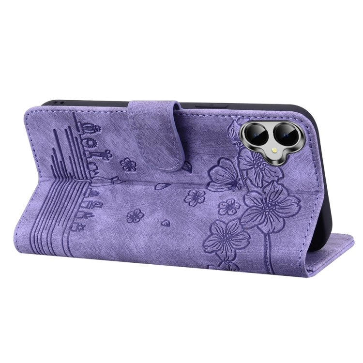 For Samsung Galaxy A05 Cartoon Sakura Cat Embossed Leather Phone Case