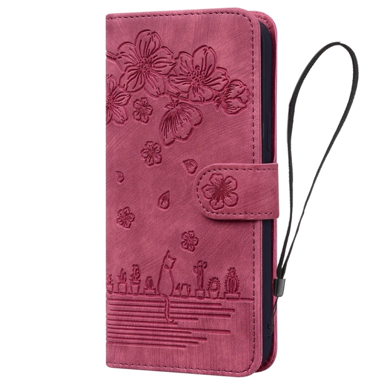 For Samsung Galaxy A05 Cartoon Sakura Cat Embossed Leather Phone Case